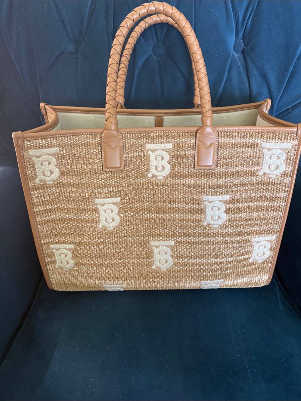 Burberry Freya Tan Large Raffia Tote with Cream TB Monogram - Picture 3 of 5